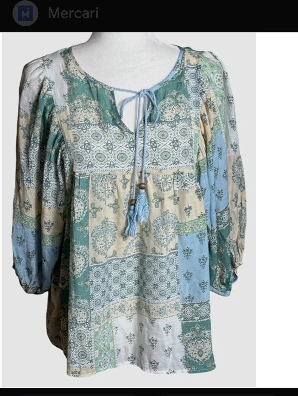 Unique Vintage Patchwork Peasant Tunic - Green, Blue & Cream